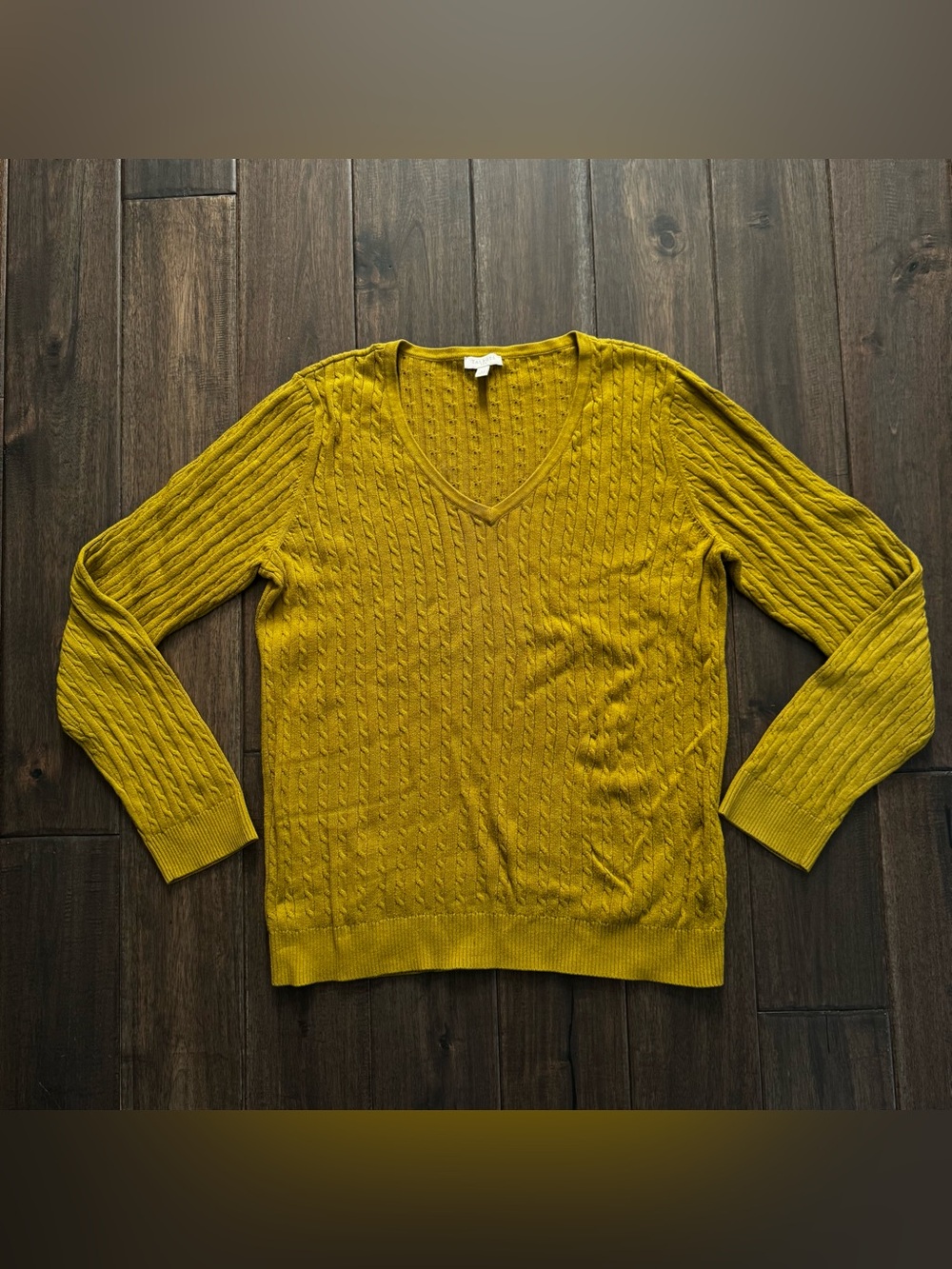 Talbots Outlet Chartreuse V-Neck 100% Cotton Cable Knit Pullover Sweater L